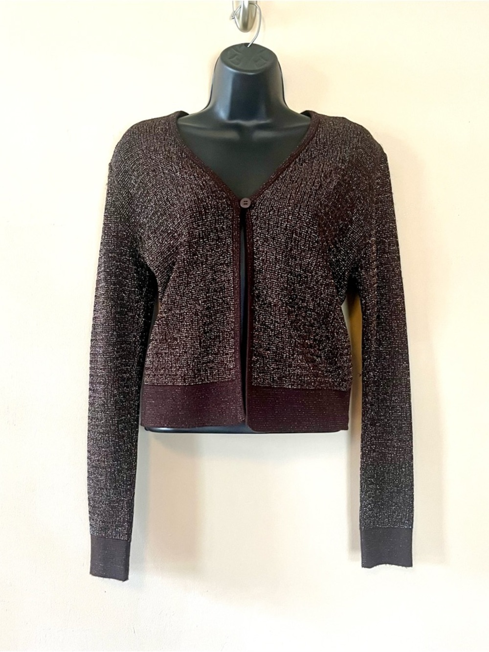 Y2k brown single button cardigan metallic sweater L Enigma Italy preppy